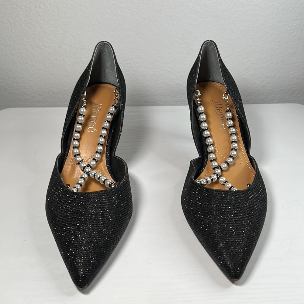 J. Renee black heels with removable pearl and black bead front cross straps 8M - Picture 2 of 16